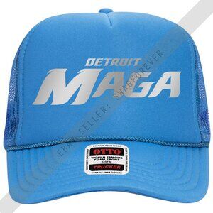 Trump Detroit Maga Lions Custom Mash Up Logo Foam Trucker Hat COLUMBIA BLUE